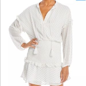 AQUA long sleeve smocked mini dress in ivory with gold dots